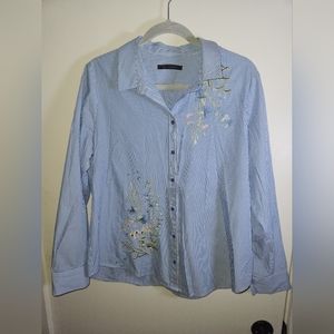 M&S Collection Blue Striped Floral Embroidered Button-up Long-sleeved Shirt
